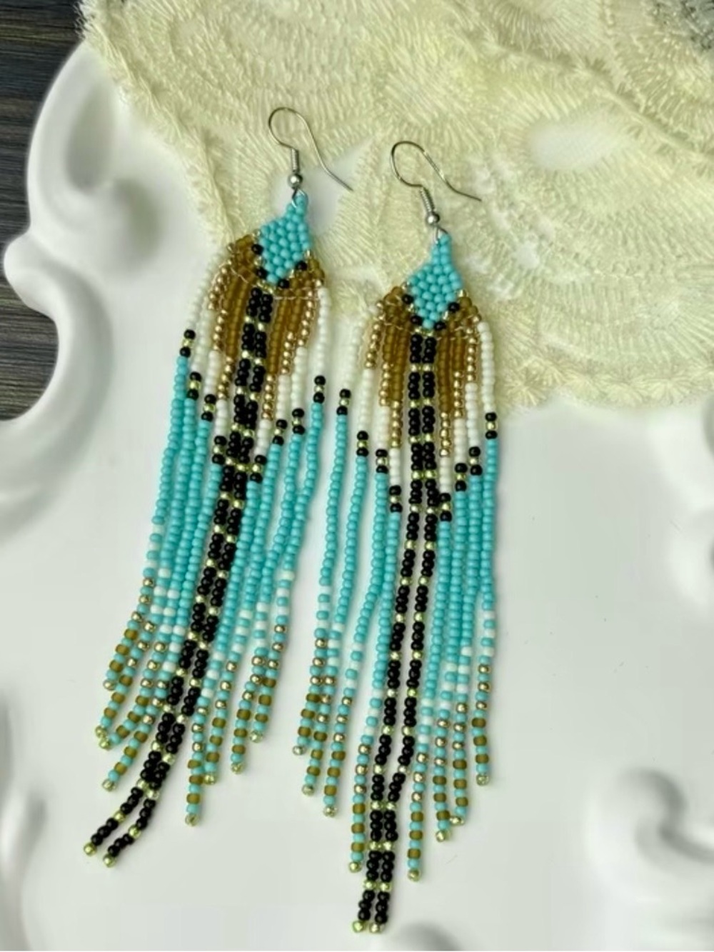 Bohemian Handmade Turquoise Colour Beaded Fringe Drop Earrings